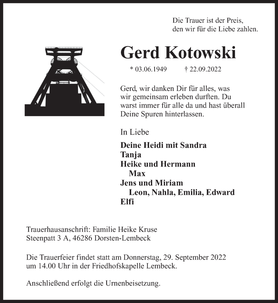 Traueranzeige für Gerd Kotowski vom 27.09.2022 aus Ruhr Nachrichten und Dorstener Zeitung