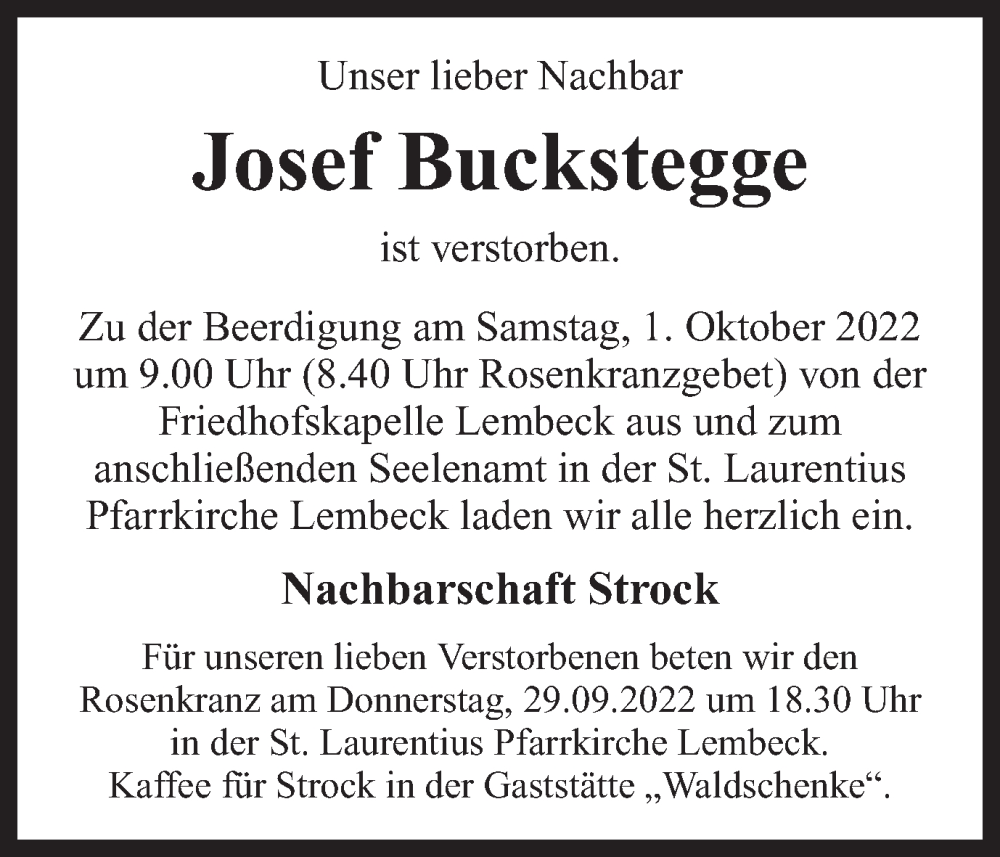  Traueranzeige für Josef Buckstegge vom 28.09.2022 aus Ruhr Nachrichten und Dorstener Zeitung