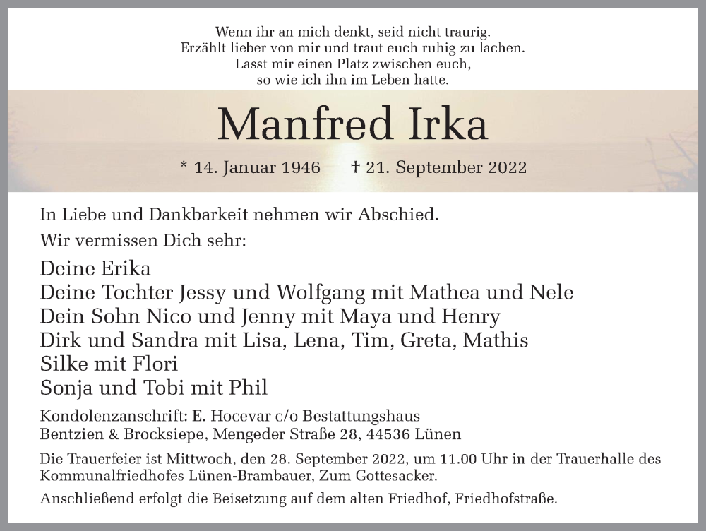  Traueranzeige für Manfred Irka vom 24.09.2022 aus Ruhr Nachrichten