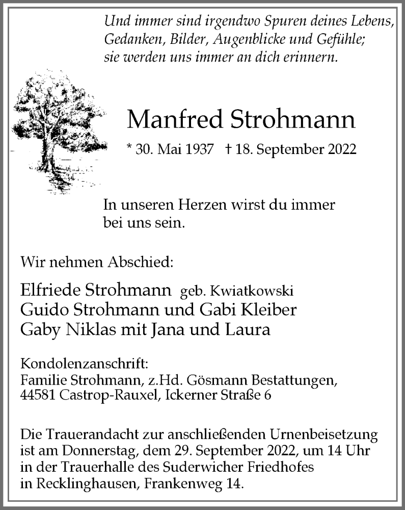  Traueranzeige für Manfred Strohmann vom 24.09.2022 aus Medienhaus Bauer