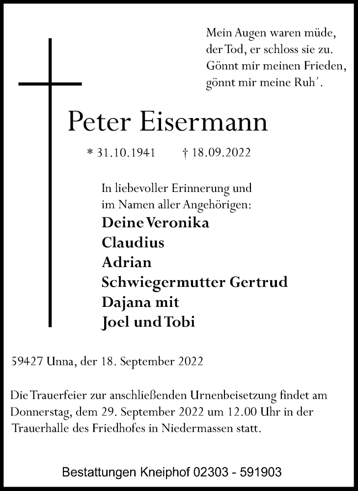  Traueranzeige für Peter Eisermann vom 27.09.2022 aus Hellweger Anzeiger