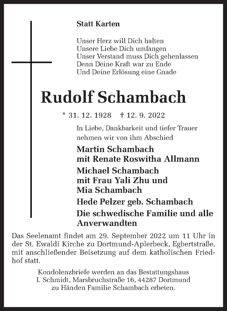  Traueranzeige für Rudolf Schambach vom 17.09.2022 aus 