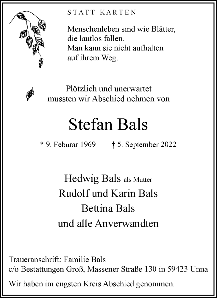 Traueranzeige für Stefan Bals vom 24.09.2022 aus Hellweger Anzeiger