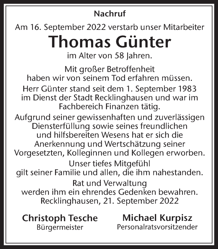  Traueranzeige für Thomas Günter vom 23.09.2022 aus Medienhaus Bauer