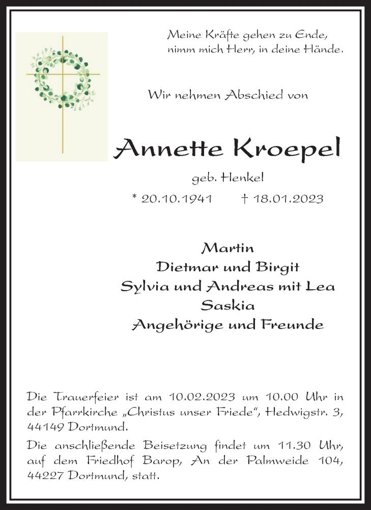 Traueranzeigen Von Annette Kroepel Sich Erinnern De