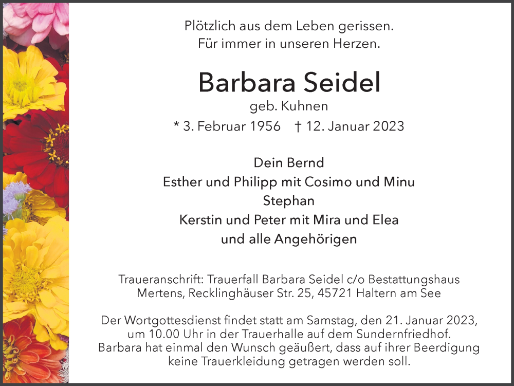  Traueranzeige für Barbara Seidel vom 17.01.2023 aus Ruhr Nachrichten und Halterner Zeitung