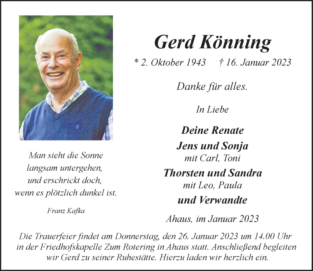  Traueranzeige für Gerd Könning vom 21.01.2023 aus Münstersche Zeitung und Münsterland Zeitung