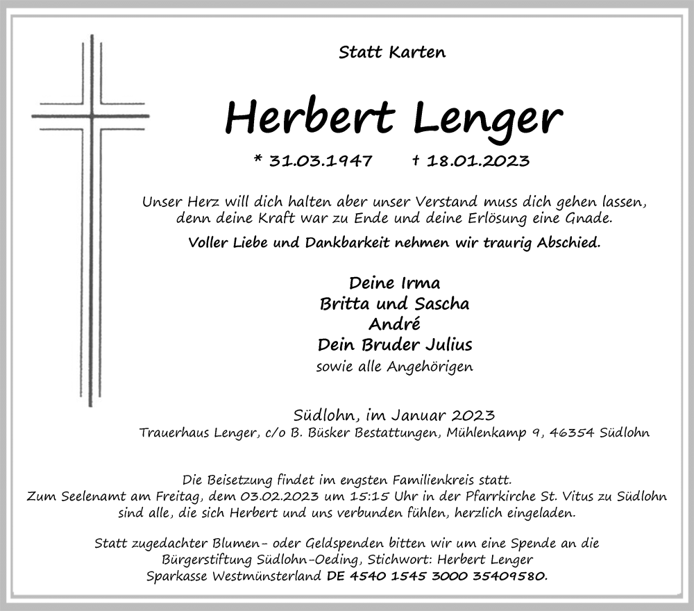  Traueranzeige für Herbert Lenger vom 28.01.2023 aus Münstersche Zeitung und Münsterland Zeitung