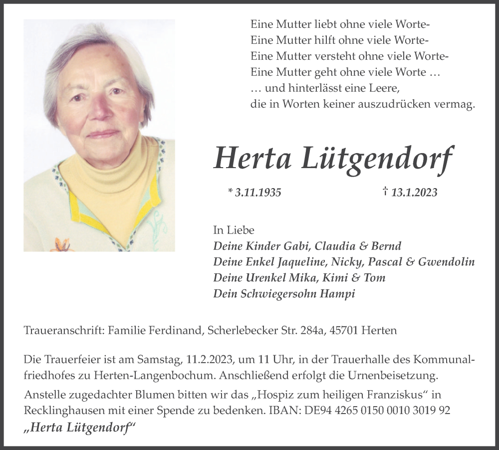  Traueranzeige für Herta Lütgendorf vom 21.01.2023 aus Medienhaus Bauer