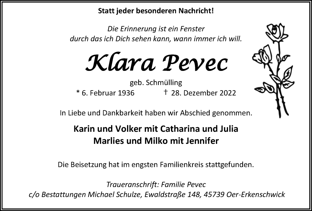  Traueranzeige für Klara Pevec vom 23.01.2023 aus Medienhaus Bauer