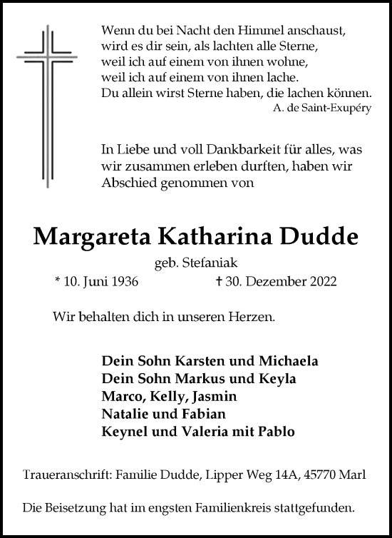 Traueranzeigen Von Margareta Katharina Dudde Sich Erinnern De