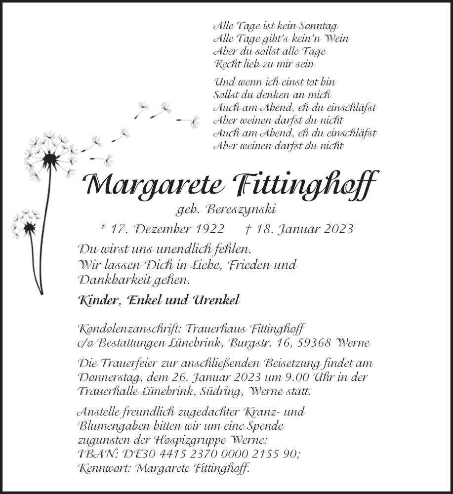  Traueranzeige für Margarete Fittinghoff vom 21.01.2023 aus Ruhr Nachrichten