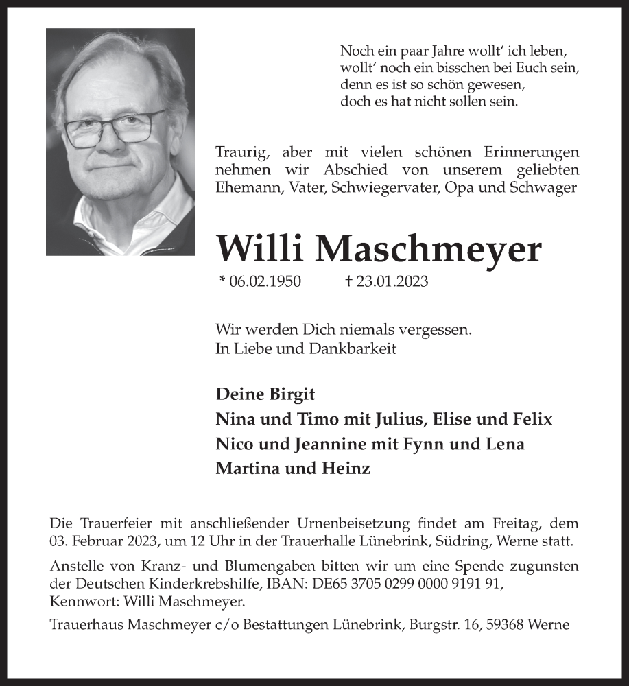 Traueranzeige für Willi Maschmeyer vom 28.01.2023 aus 