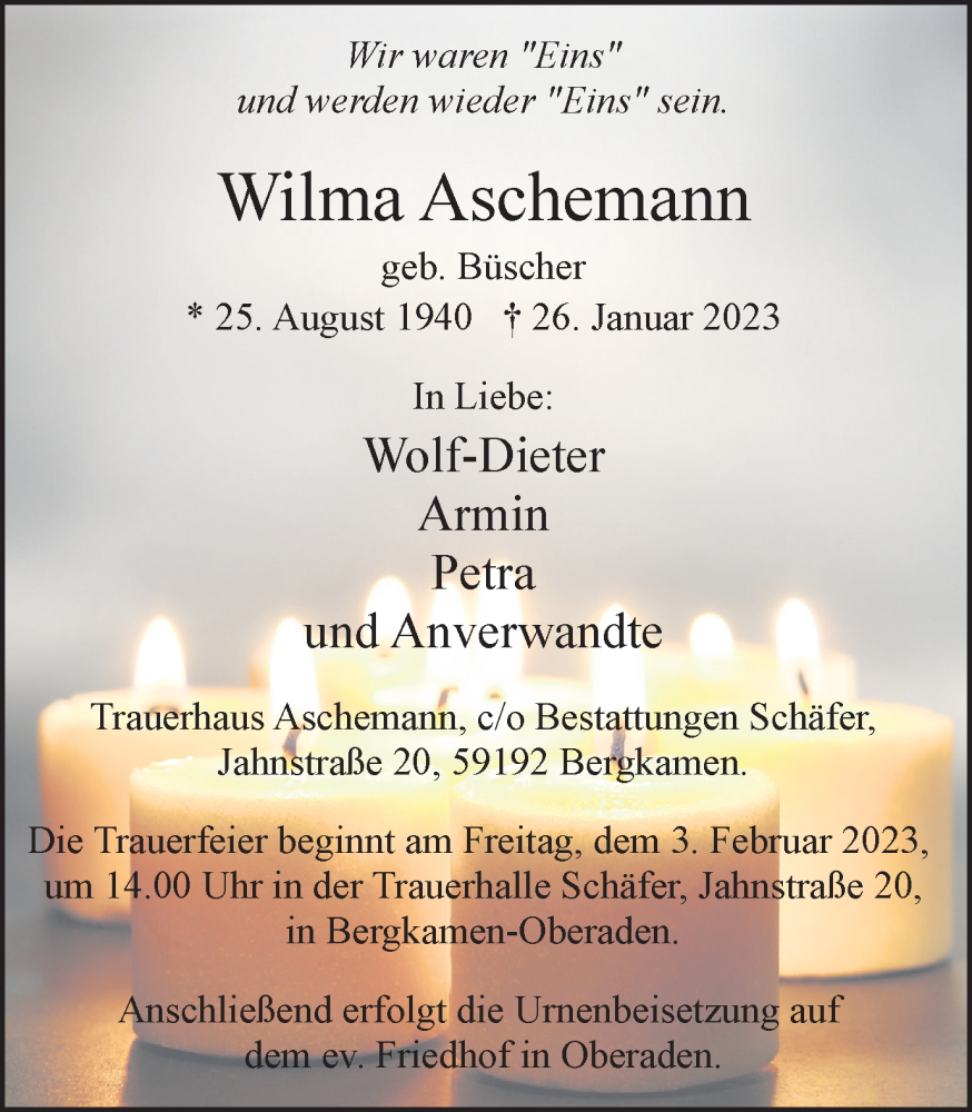  Traueranzeige für Wilma Aschemann vom 28.01.2023 aus Hellweger Anzeiger