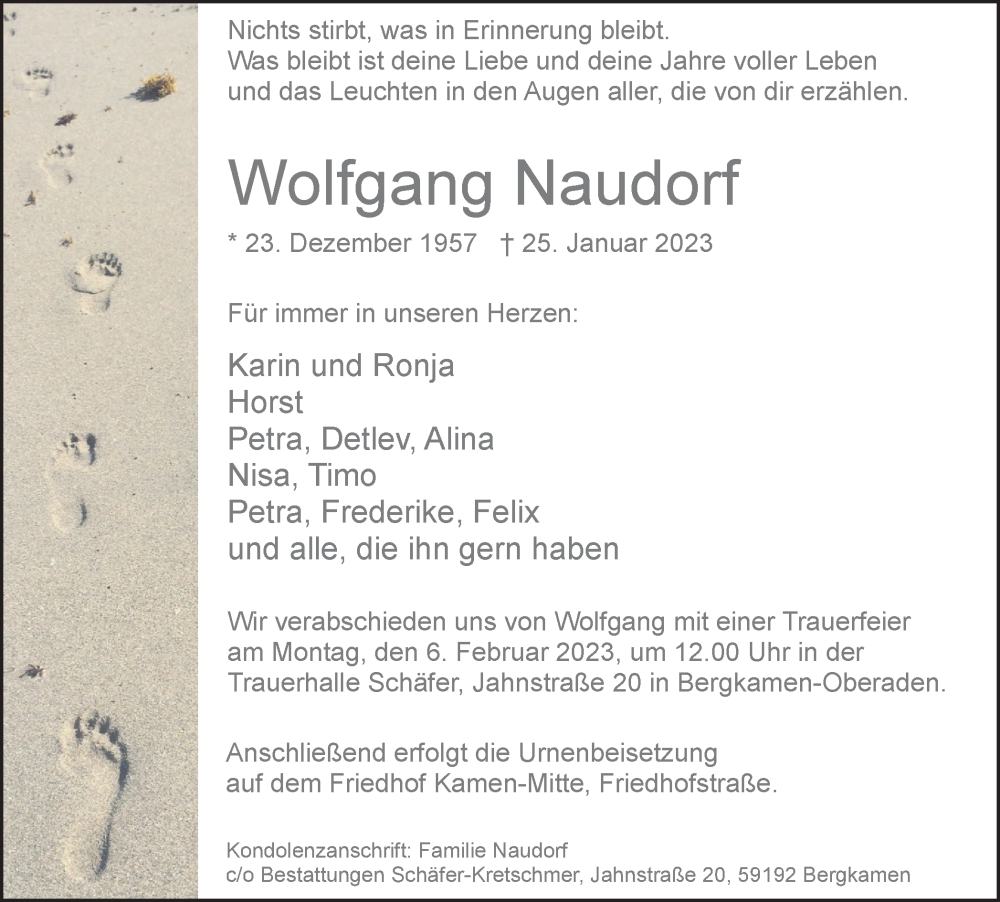  Traueranzeige für Wolfgang Naudorf vom 28.01.2023 aus Hellweger Anzeiger
