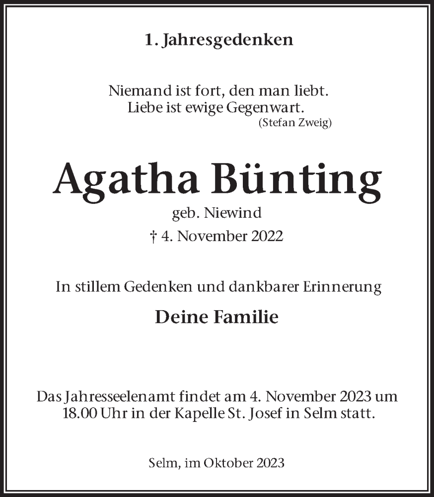 Traueranzeigen Von Agatha B Nting Sich Erinnern De