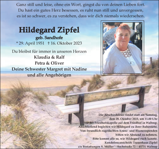 Traueranzeigen Von Hildegard Zipfel Sich Erinnern De