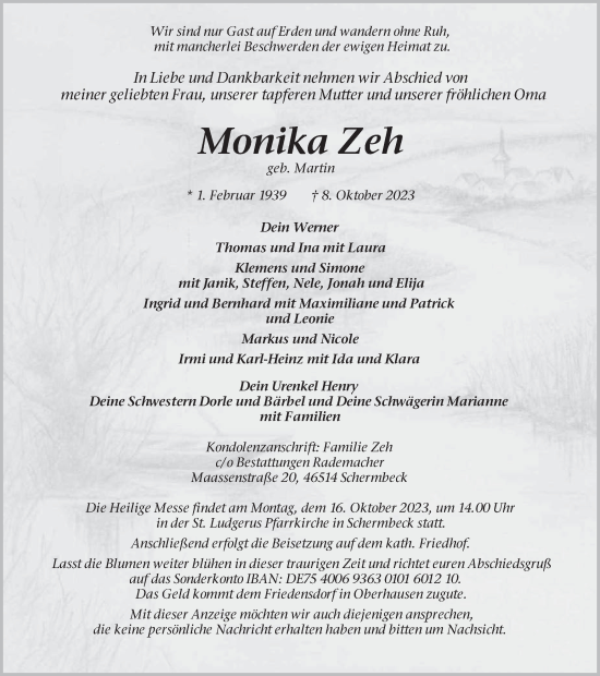 Traueranzeigen Von Monika Zeh Sich Erinnern De