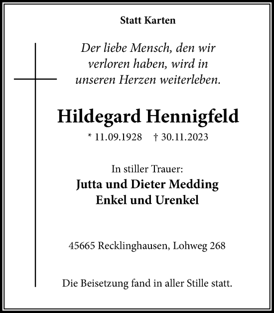 Traueranzeigen Von Hildegard Hennigfeld Sich Erinnern De