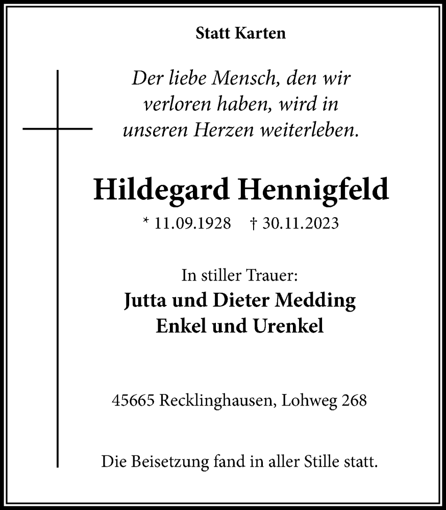 Traueranzeigen Von Hildegard Hennigfeld Sich Erinnern De