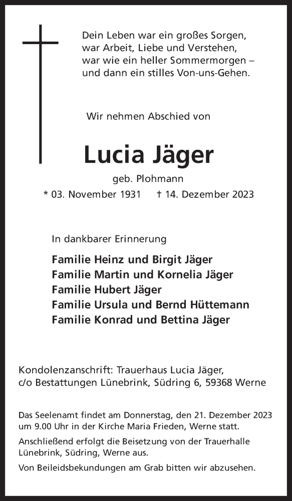 Traueranzeigen von Lucia Jäger sich erinnern de