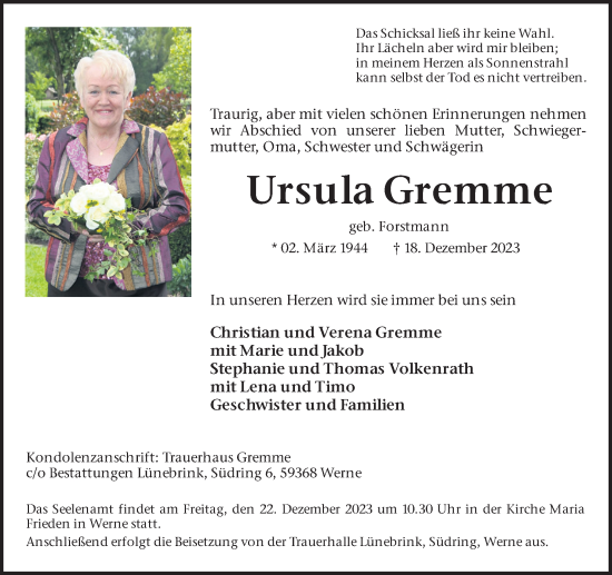 Traueranzeigen Von Ursula Gremme Sich Erinnern De