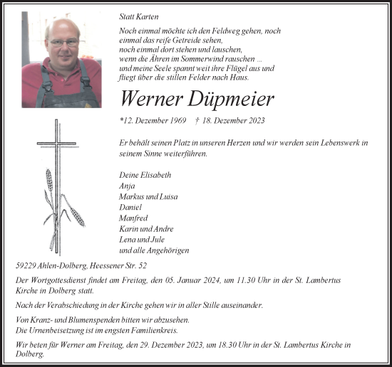 Traueranzeigen von Werner Düpmeier sich erinnern de