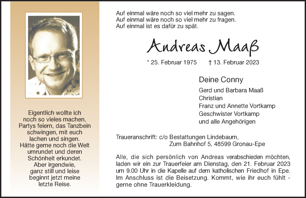 Traueranzeigen Von Andreas Maa Sich Erinnern De