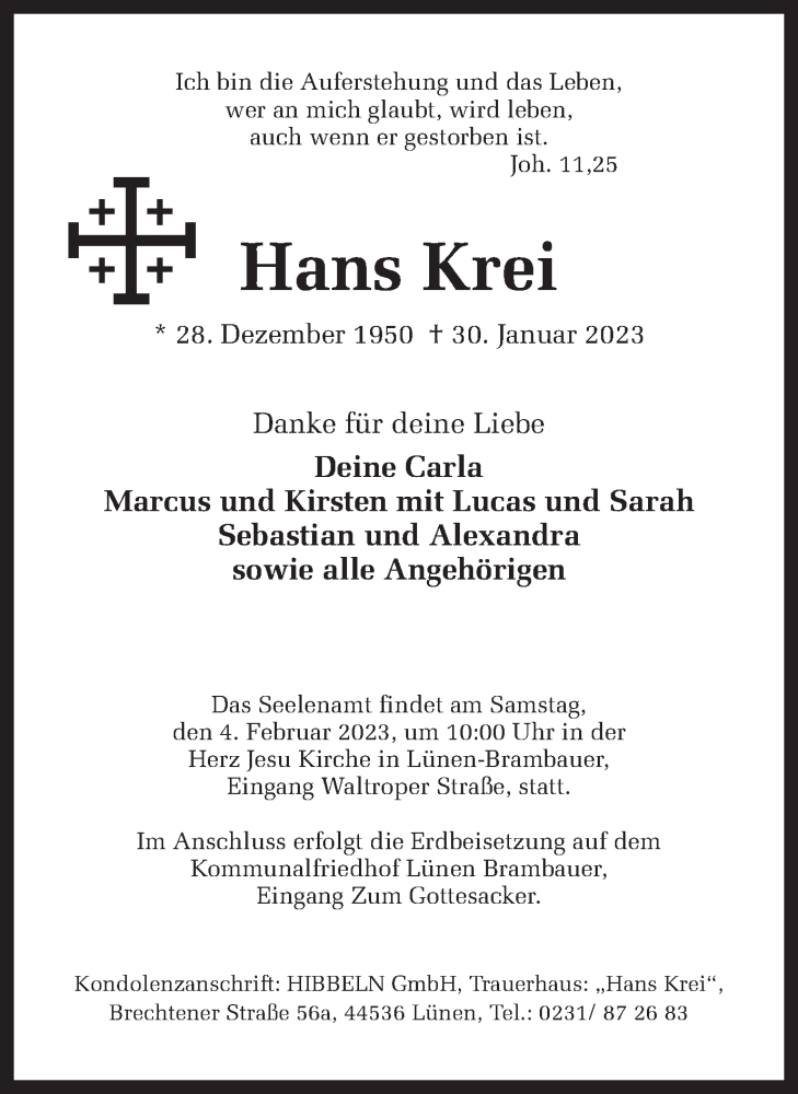  Traueranzeige für Hans Krei vom 01.02.2023 aus Ruhr Nachrichten