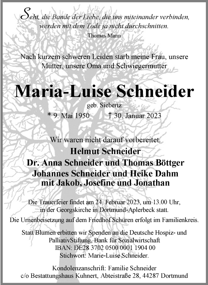 Traueranzeigen Von Maria Luise Schneider Sich Erinnern De