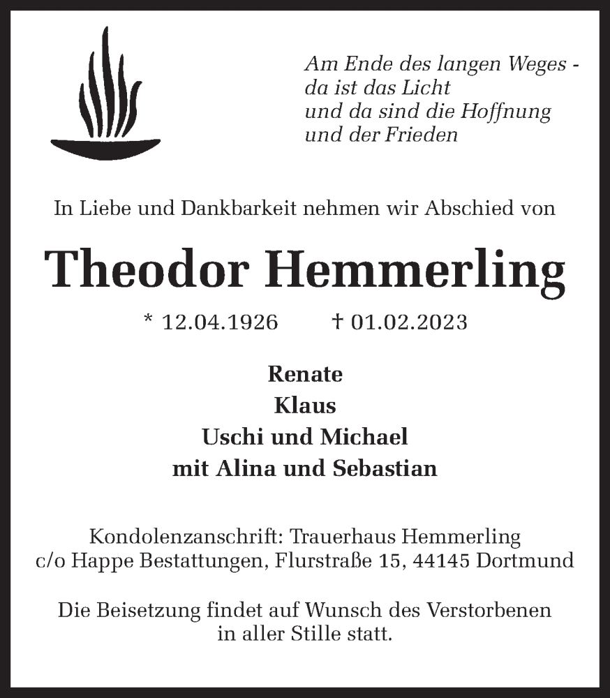 Traueranzeigen Von Theodor Hemmerling Sich Erinnern De