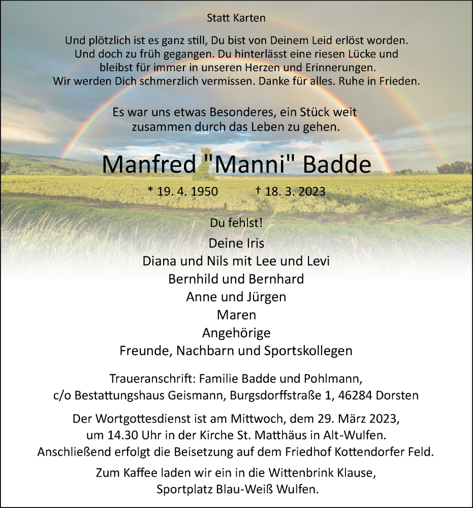  Traueranzeige für Manfred Badde vom 23.03.2023 aus Ruhr Nachrichten