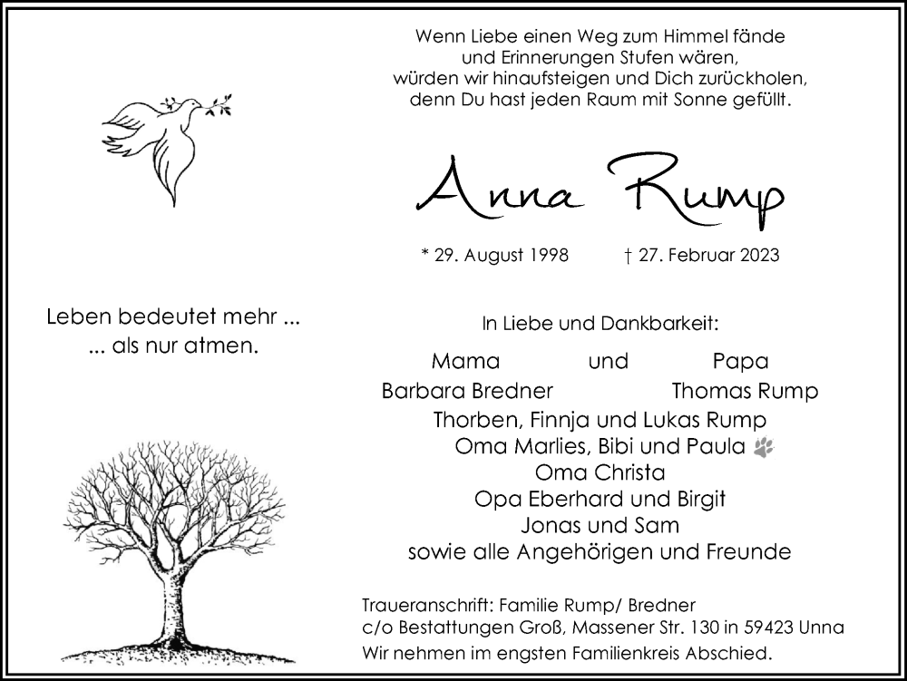  Traueranzeige für Anna Rump vom 08.03.2023 aus Hellweger Anzeiger
