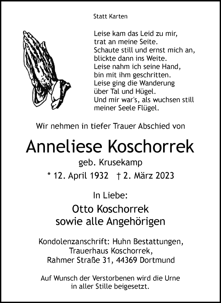 Traueranzeigen Von Anneliese Koschorrek Sich Erinnern De