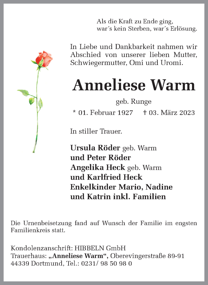 Traueranzeigen Von Anneliese Warm Sich Erinnern De