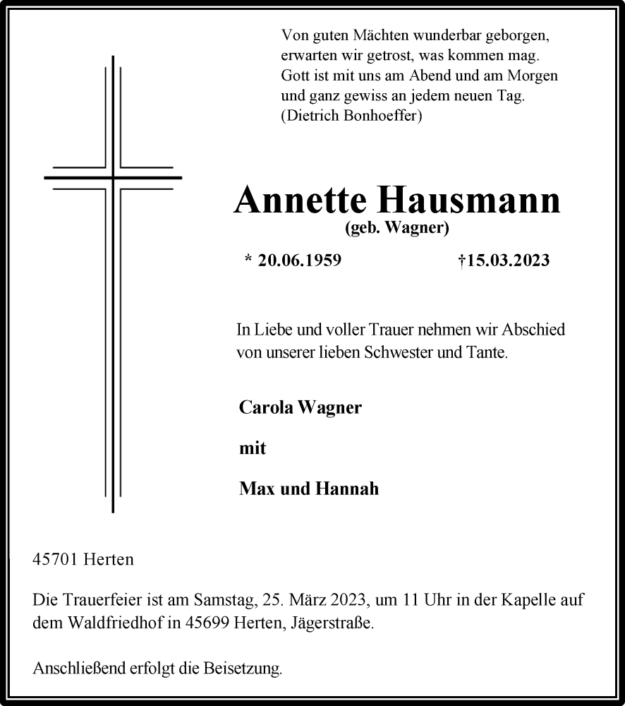  Traueranzeige für Annette Hausmann vom 18.03.2023 aus Medienhaus Bauer
