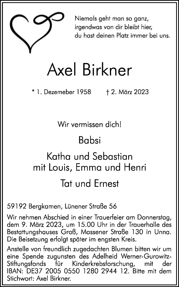 Traueranzeige für Axel Birkner vom 04.03.2023 aus Hellweger Anzeiger