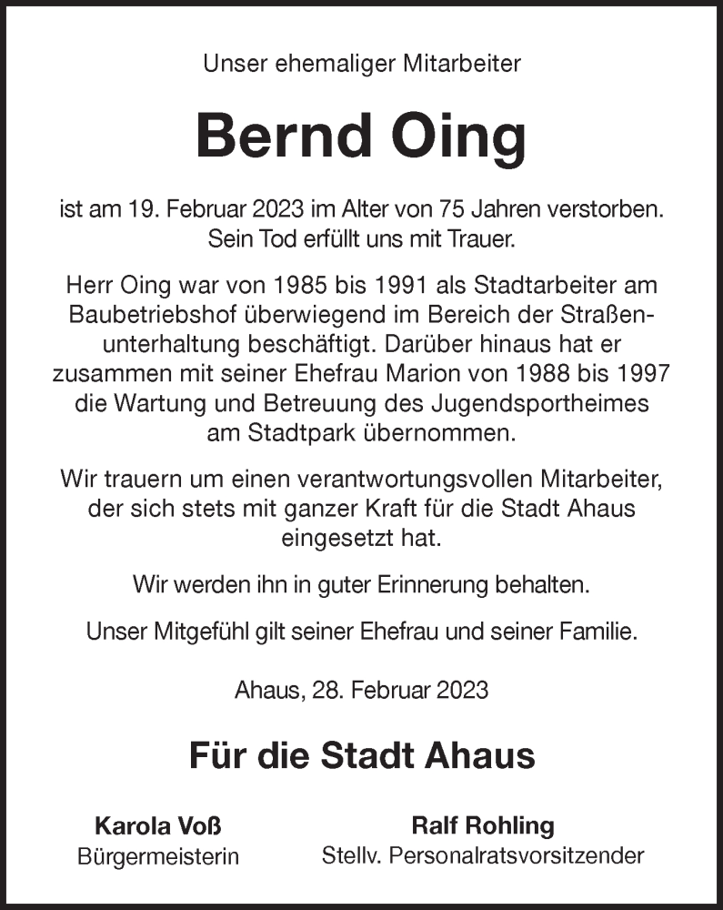 Traueranzeigen Von Bernd Oing Sich Erinnern De