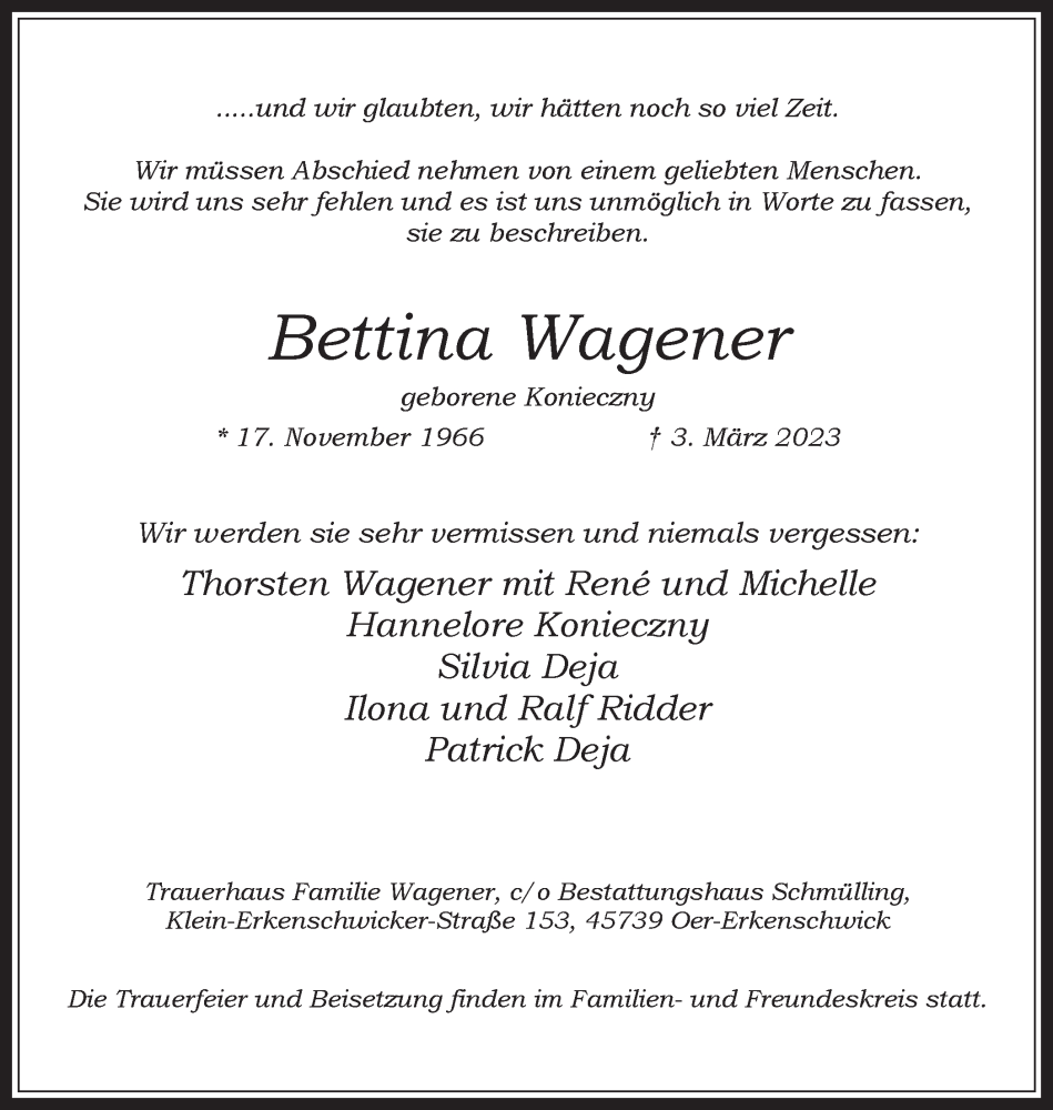  Traueranzeige für Bettina Wagener vom 11.03.2023 aus Medienhaus Bauer
