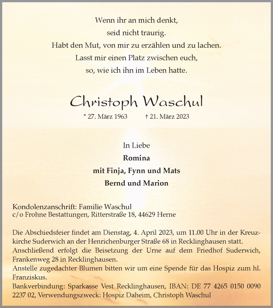  Traueranzeige für Christoph Waschul vom 25.03.2023 aus Medienhaus Bauer