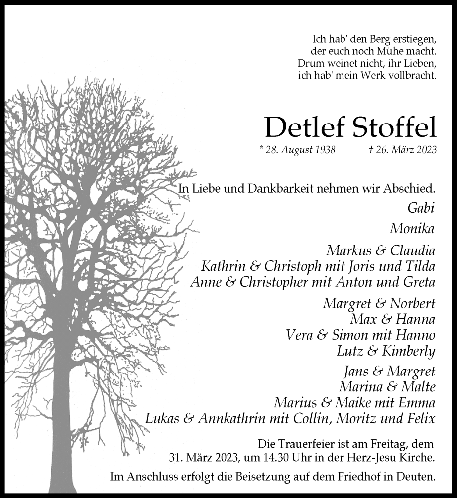  Traueranzeige für Detlef Stoffel vom 29.03.2023 aus Ruhr Nachrichten und Dorstener Zeitung