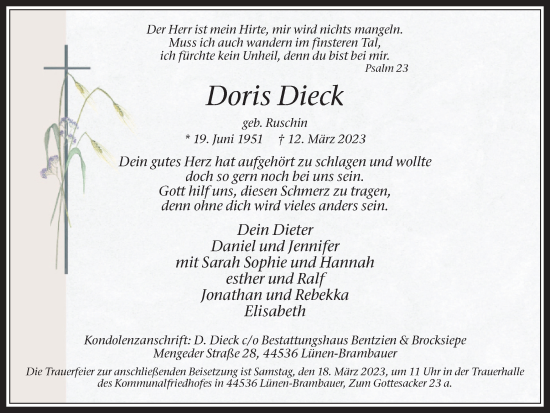 Traueranzeige von Doris Dieck