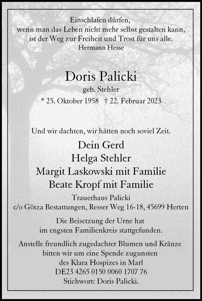  Traueranzeige für Doris Palicki vom 16.03.2023 aus Medienhaus Bauer