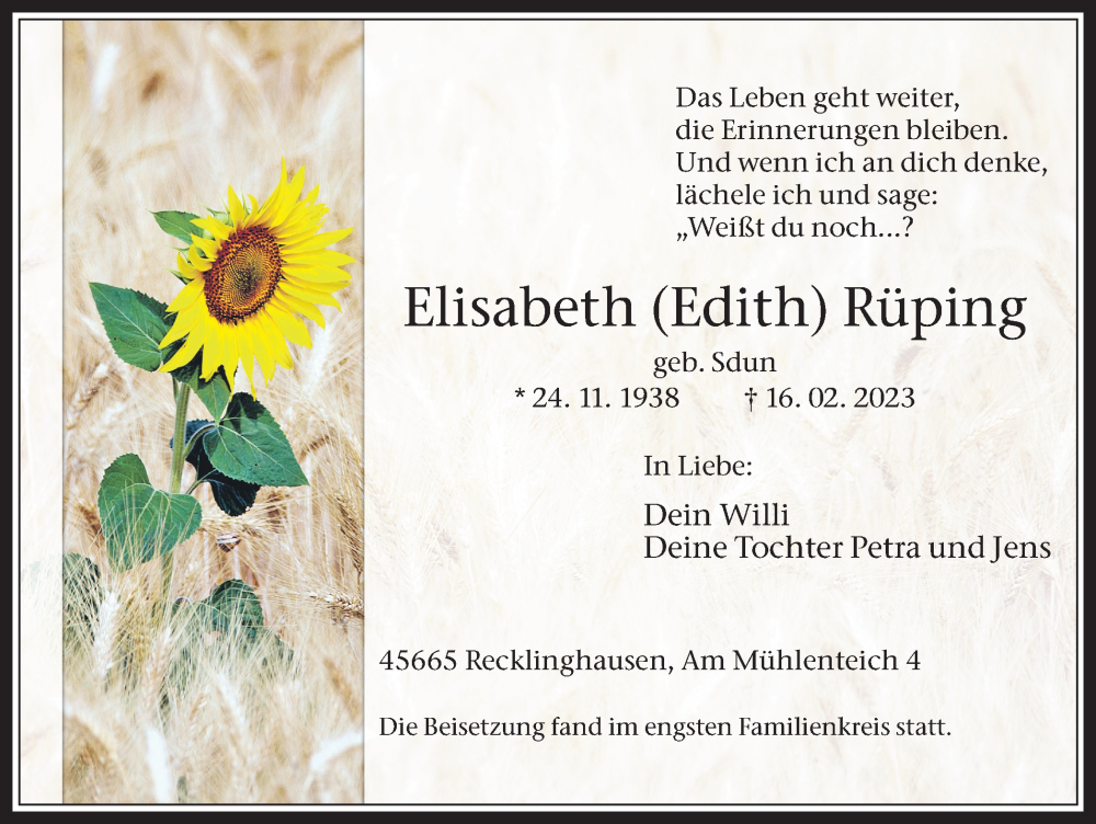  Traueranzeige für Elisabeth Rüping vom 25.03.2023 aus Medienhaus Bauer