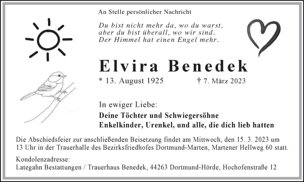  Traueranzeige für Elvira Benedek vom 11.03.2023 aus 