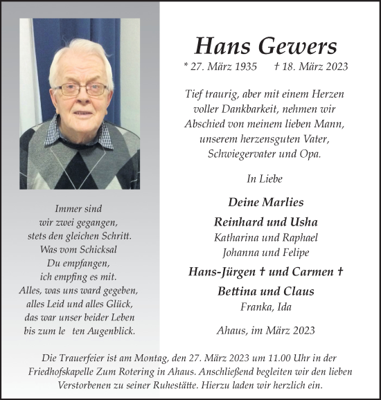 Traueranzeige von Hans Grewers