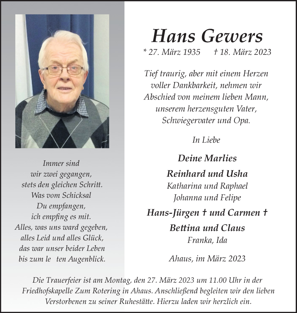  Traueranzeige für Hans Gewers vom 22.03.2023 aus Münstersche Zeitung und Münsterland Zeitung