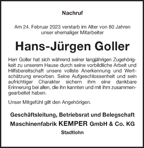 Traueranzeigen von Hans Jürgen Goller sich erinnern de