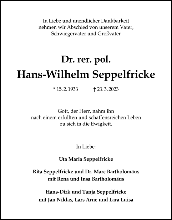 Traueranzeige von Hans-Wilhelm Seppelfricke
