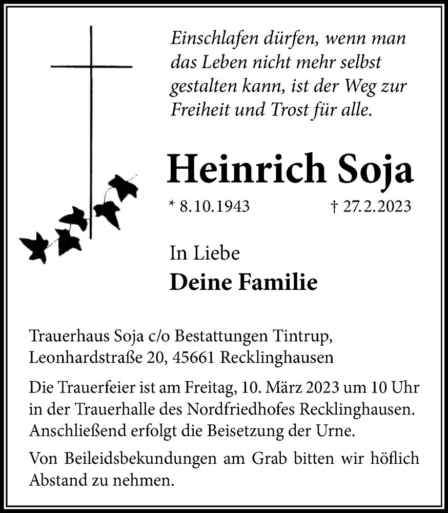  Traueranzeige für Heinrich Soja vom 09.03.2023 aus Medienhaus Bauer